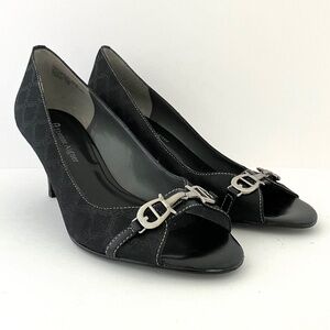 Etienne Aigner Pattern 6.5 M Open Toe Heels Black Silver Buckle Detail Shoes